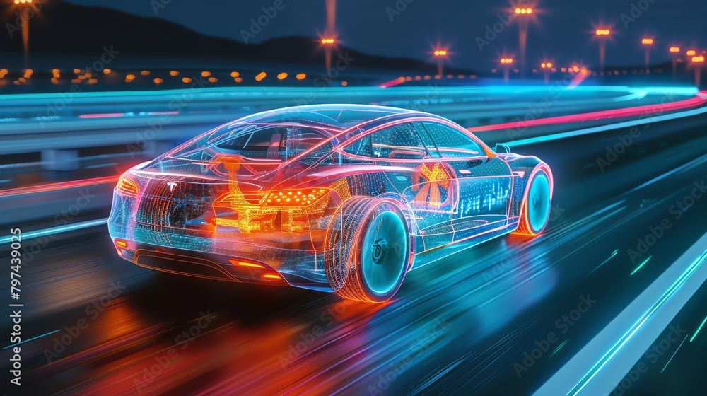 Concept design of a next-gen electric car with x-ray view, showcasing its energy matrix on a futuristic highway Concept design of a next-gen electric car with x-ray view, showcasing its energy matrix on a futuristic highway