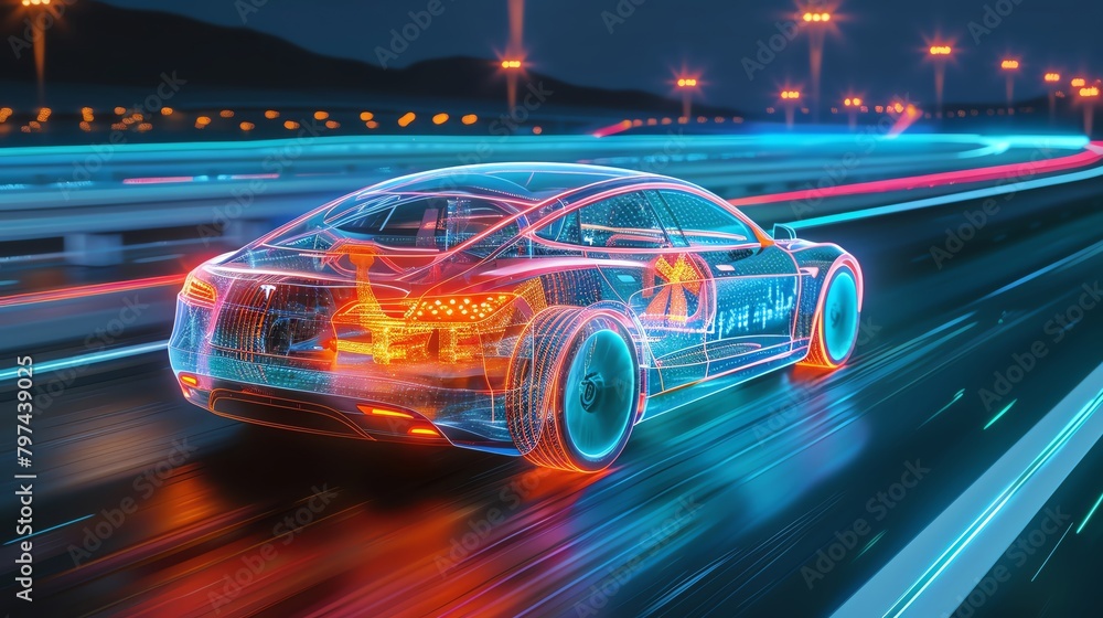 Concept design of a next-gen electric car with x-ray view, showcasing its energy matrix on a futuristic highway