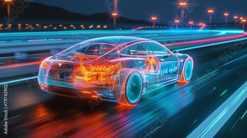 Concept design of a next-gen electric car with x-ray view, showcasing its energy matrix on a futuristic highway © Nawarit