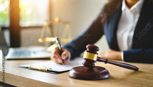 wooden gavel with blurred judge's hand writing on paper