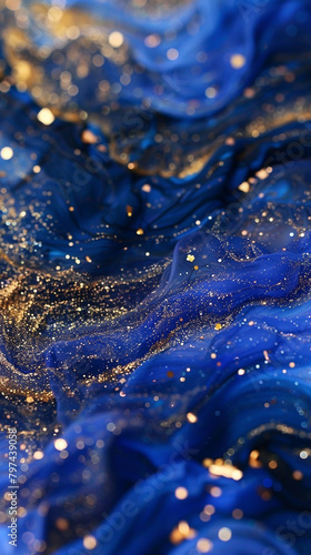 Dreamy indigo marble ink dancing freely amidst a dynamic abstract environment, twinkling with radiant glitters, inspiring imagination.