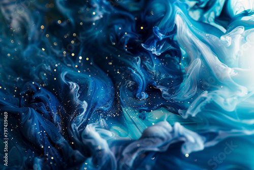 Dreamy indigo marble ink dancing freely amidst a dynamic abstract environment, twinkling with radiant glitters, inspiring imagination.