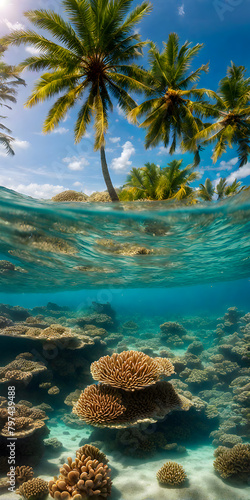 Midday sun casting a radiant glow on a calm azure sea  sunrays gently penetrating the crystal-clear waters