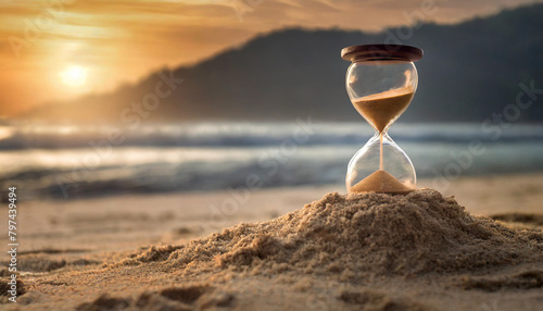 Tranquil hourglass on sandy beach, serene passage of time, peaceful symbolism