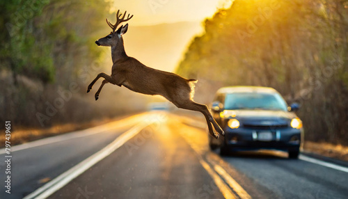 deer leaps over highway, symbolizing freedom and resilience, with blurred car backdrop
