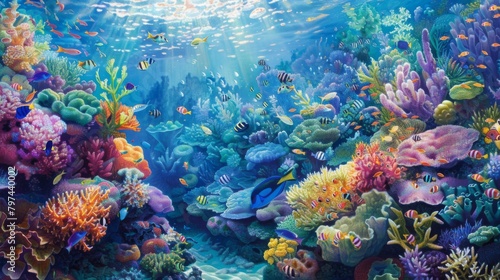 A coral reef bustling with activity as fish of all shapes and sizes dart among the colorful corals  creating a vibrant underwater scene.