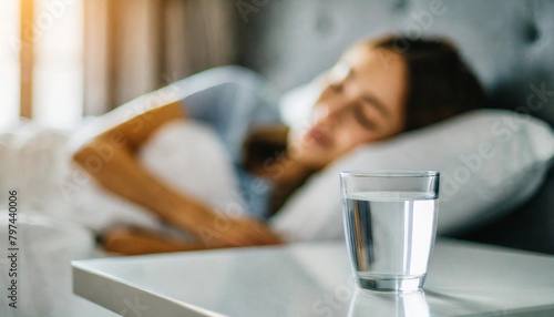 Clear glass of water and pill bottle on counter, with blurred sleeping person in background photo