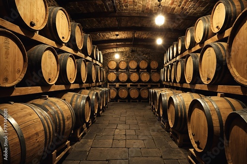 Close viev of Wine casks in wine cellar photo