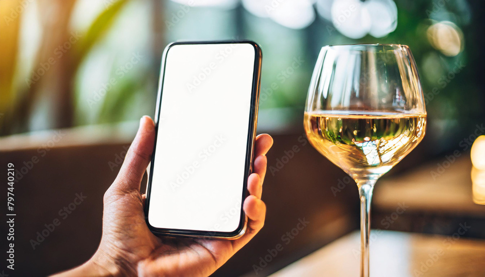 holding phone with blurred wine glass in background, symbolizing modern connectivity and leisure holding phone with blurred wine glass in background, symbolizing modern connectivity and leisure