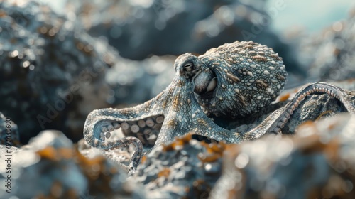 A curious octopus camouflaged against a rocky seabed, showcasing the stealth and intelligence of marine creatures.