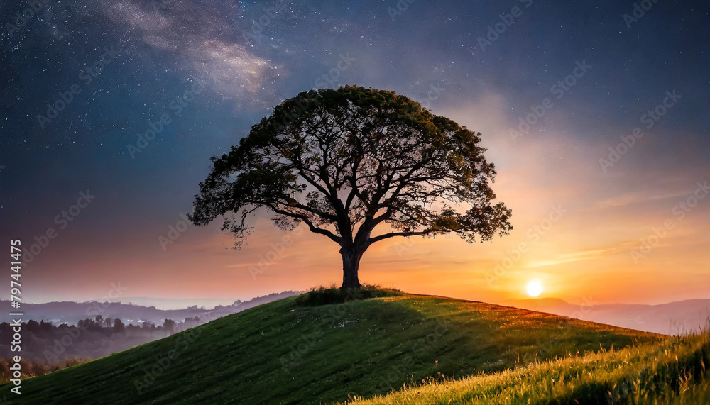 Silhouetted tree on hill at sunset with vibrant sky Silhouetted tree on hill at sunset with vibrant sky