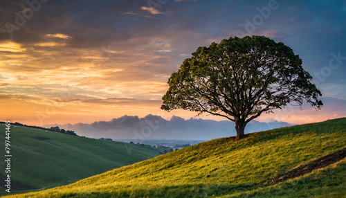 Silhouetted tree on hill at sunset with vibrant sky