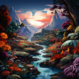 Fantasy landscape with river. forest and flowers.  illustration.