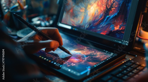 A digital artist creating digital art using a stylus and graphics tablet, showcasing the fusion of technology and creativity. photo