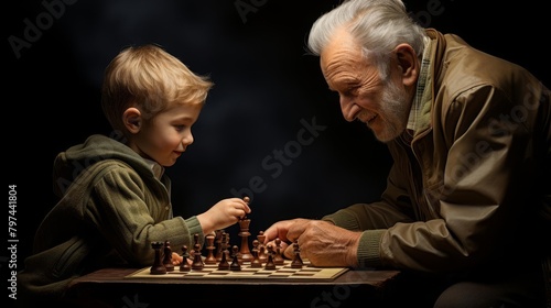 An old man is playing chess with a young boy.
