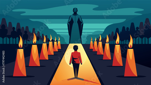 A row of candles lining a path leading to a statue of an anonymous freedom fighter standing tall in honor of their sacrifices on Juneteenth.. Vector illustration