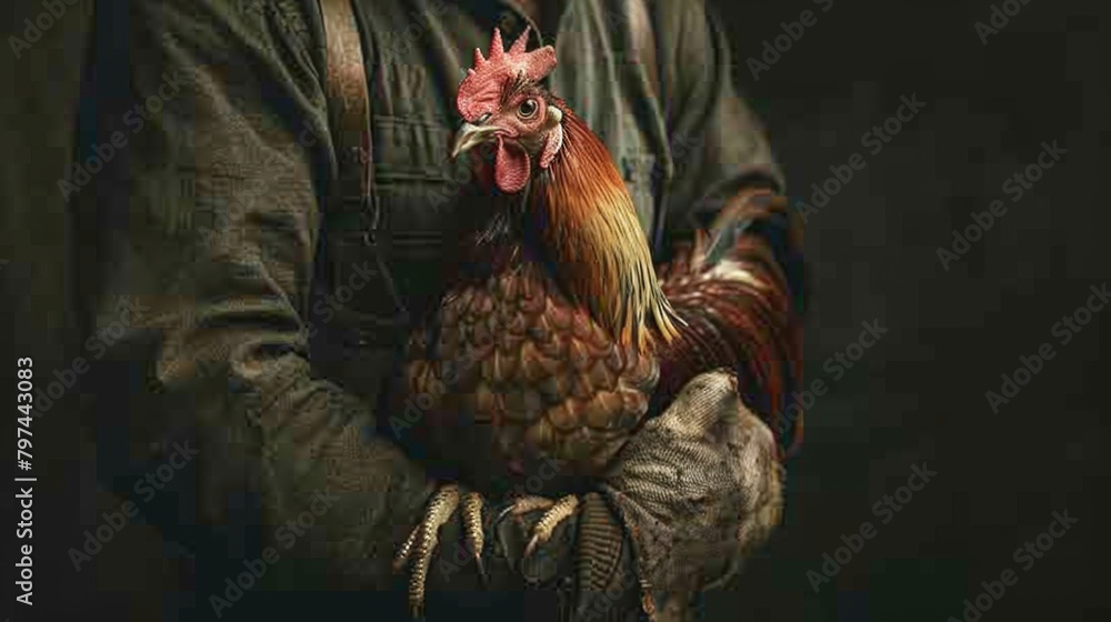 A farmer carrying his prized rooster to the arena, embodying the bond ...
