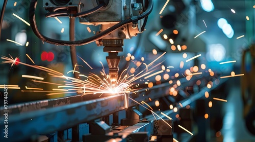 An industrial robot is welding a metal beam, sparks are flying photo