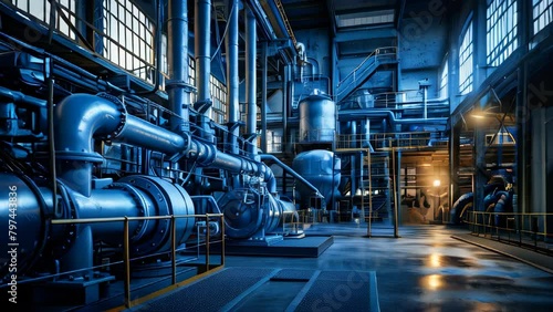 The interior of an industrial power plant with a pipes network photo