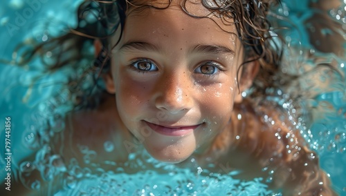 The young boys smiling eye, nose and jaw show hes happy swimming in the water photo