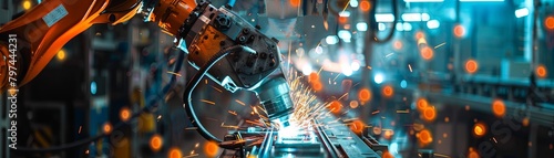 An industrial robot is welding a metal part. photo