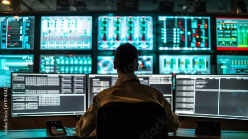 A grid operator monitoring electricity flow on multiple screens in a control room photo