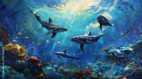 Capture the essence of underwater tranquility and the intensity of public speaking through a mesmerizing blend of traditional art mediums Skillfully depict the contrast between serene ocean life and t