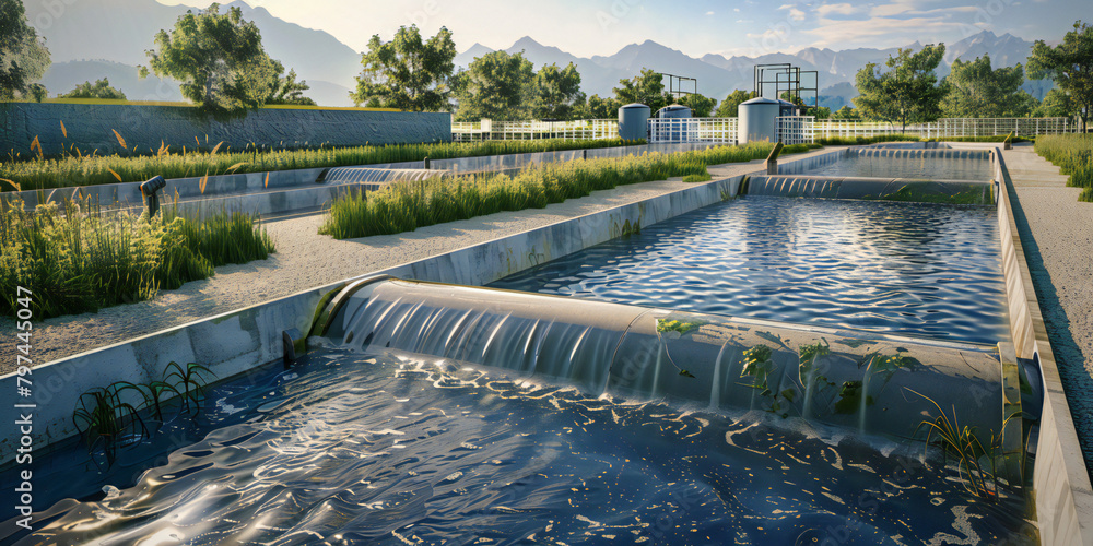 pool in the park, A image of groundwater recharge facilities replenishing aquifers by directing surface water into underground reservoirs, sustaining water supplies for agriculture and communities
