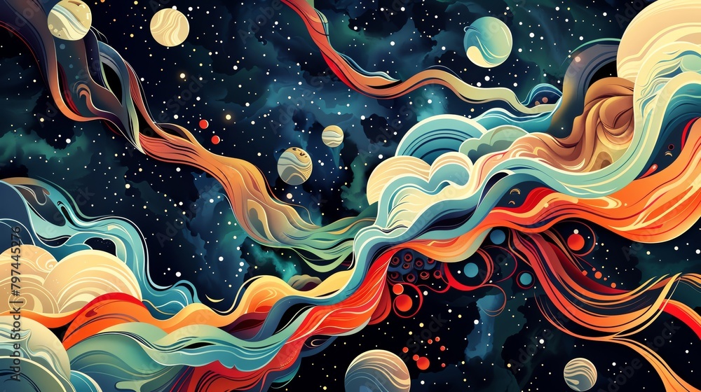 Embark on a cosmic journey through intricate vector illustrations of celestial bodies and abstract shapes, merging the precision of digital rendering techniques with the fluidity of watercolor brushes