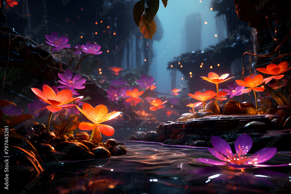 Fantasy fantasy landscape with water lily flowers. 3d rendering