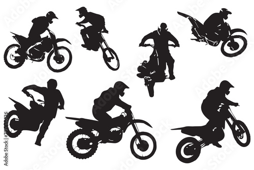 Motocross racing, motocross racer jumping on a motorcycle, isolated vector silhouette, front view. Ink drawing, freestyle motocross