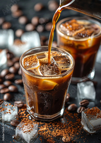 Fresh espresso dripping into glass. Double shot espresso iced coffee fresh.