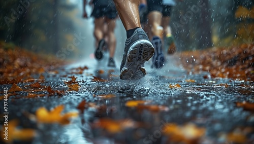 Group running on asphalt path in the rain for a recreational event photo