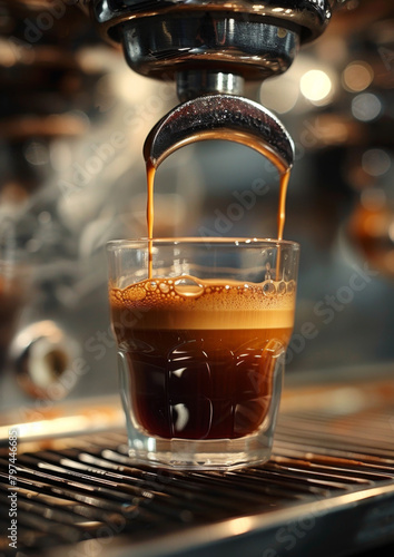 Fresh espresso dripping into glass. Double shot espresso iced coffee fresh.