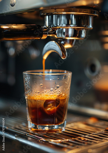 Fresh espresso dripping into glass. Double shot espresso iced coffee fresh.