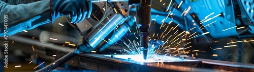 welder welding metal with sparks flying