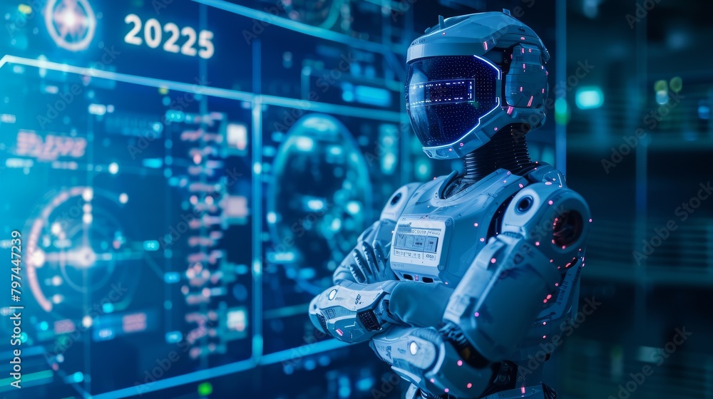 Robot Standing with arms crossed. blue graph copy space background Robot Standing with arms crossed. blue graph copy space background