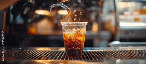 Fresh espresso pouring into plastic cup. Double shot espresso iced coffee fresh. photo