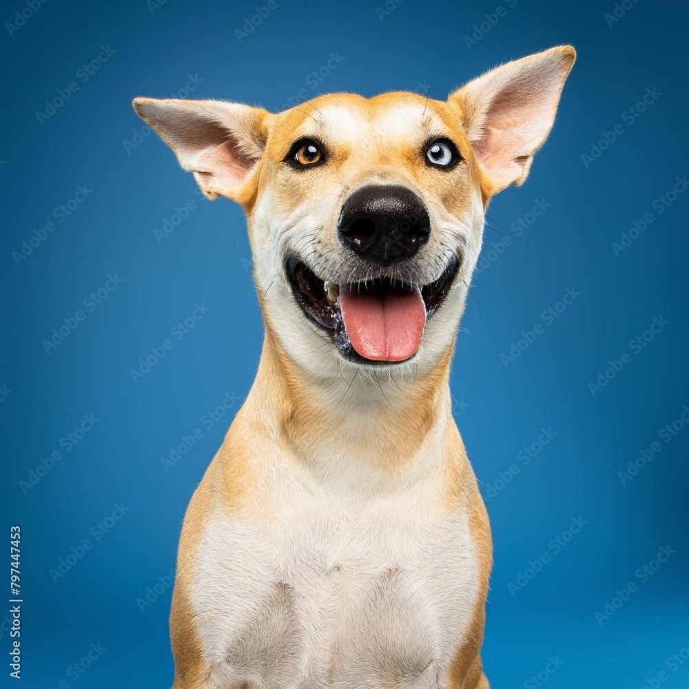 
Beautiful Carolina puppy dog isolated on blue background. looking at camera .front view.dog studio portrait.
 dog isolated .puppy isolated .puppy closeup face,indoors.cute puppy isolated .