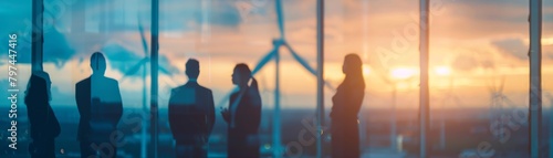 A group of people are standing in a room looking out at wind turbines.