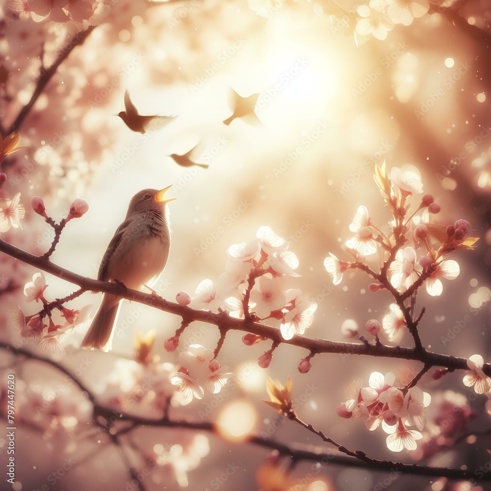 Flock of birds are singing happily on the branches of a tree with spring flower blossoms and sun light , spring season background. Flock of birds are singing happily on the branches of a tree with spring flower blossoms and sun light , spring season background.
