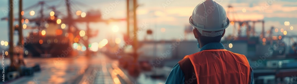 A worker in a hard hat and safety vest is standing on a pier looking out at a container ship.