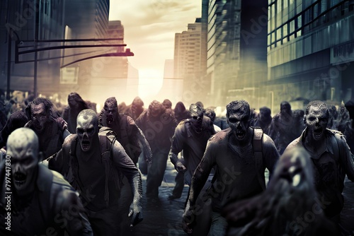 Crowd of zombies in a post-apocalyptic city zombie attack going forward. photo