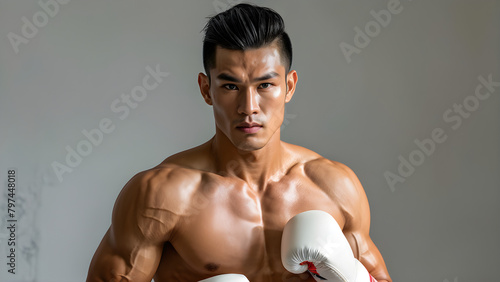 Youthful Strength: Short-Haired Male Muay Thai Athlete, Dynamic Impact: Young Fighter with Short Hair, Athletic Precision: Youthful Muay Thai Warrior, Energetic Presence: Muay Thai Athlete's Portrait