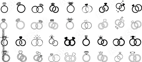 diamond studded engagement rings vector set, wedding ring symbolizing love and commitment. Variety of designs, from classic solitaires to intricate patterns