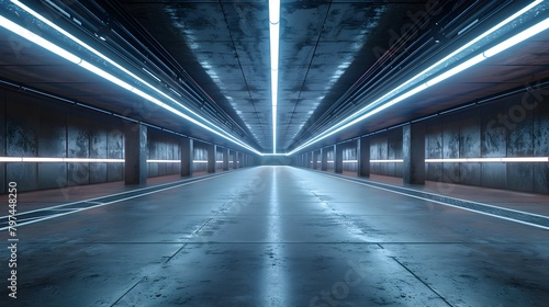 Illuminated Underground Concrete Tunnel Hallway with Futuristic LED Lighting in Industrial Interior Setting