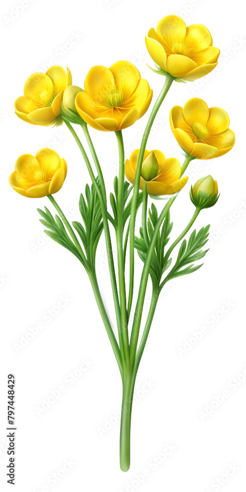 Fototapeta premium Beautiful Creeping Buttercup flowers, Floral plants with blue blooms, PNG transparent image, AI generative.