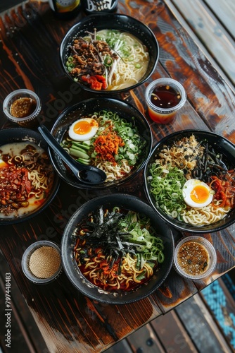 Assorted ramen bowls on wooden table