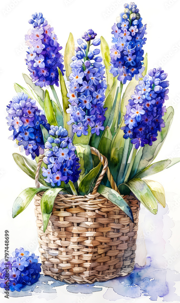 Fototapeta premium Blue hyacinths in a basket on a white background.