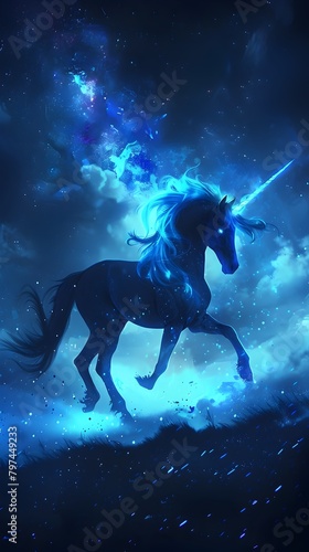 Majestic Neon Unicorn Silhouette in Mystical Midnight Blue Backdrop with Glowing Accents and Starry Sky © doraclub